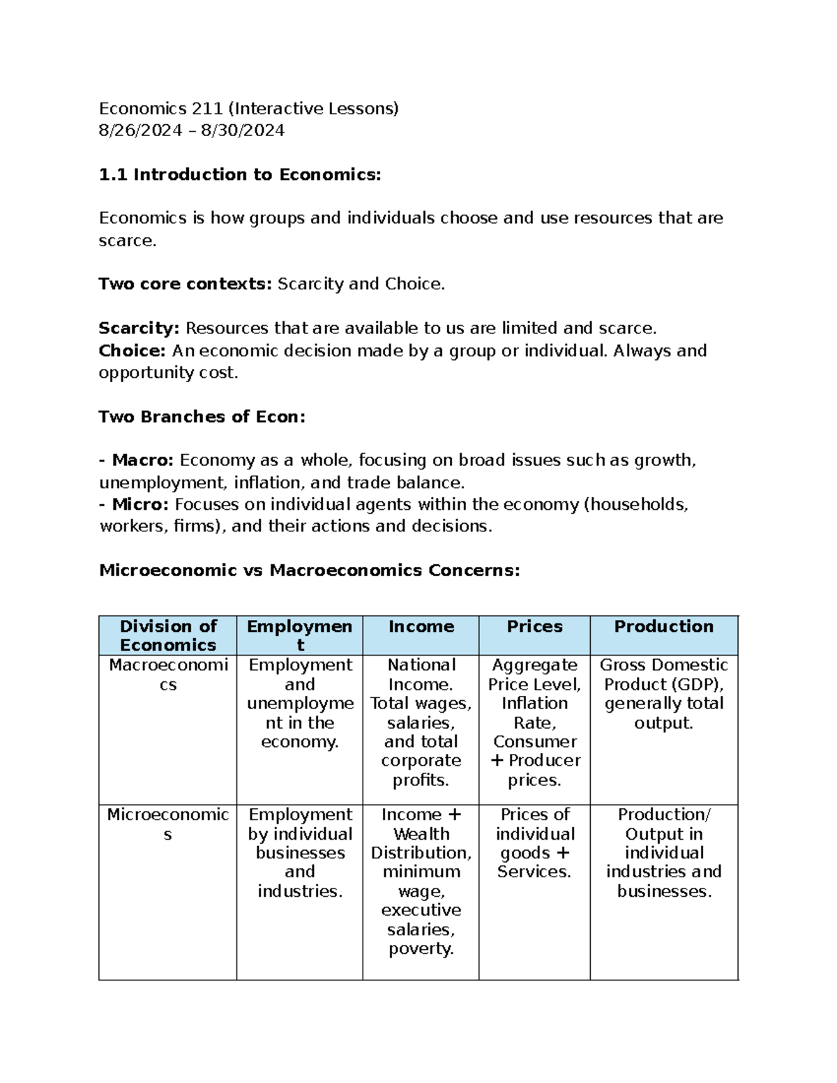 Economics 211: Week 1 Interactive Lessons on Scarcity and Choice - Studocu