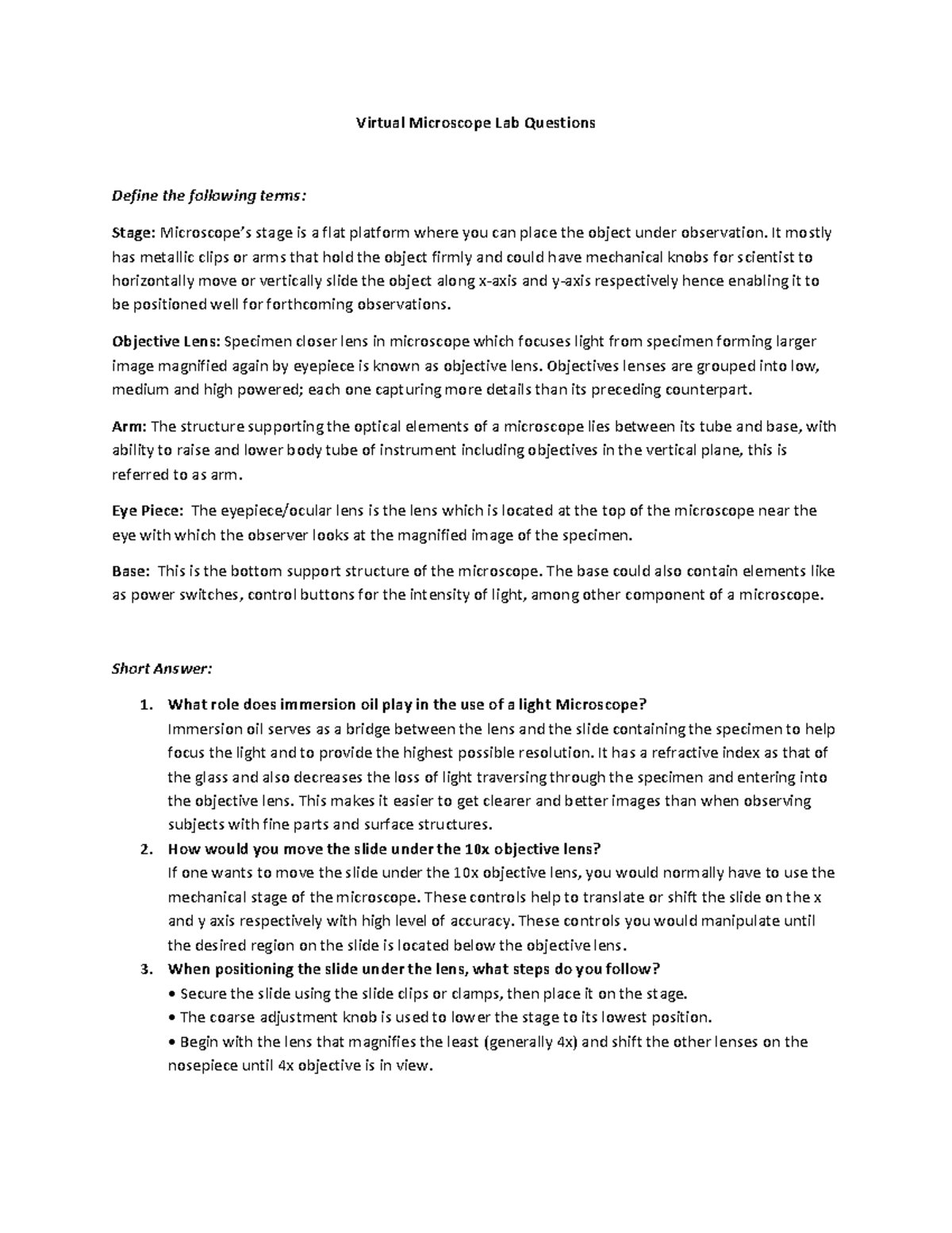 Microscopy (Part 1) Virtual Lab Qs: Understanding Key Terms & Functions ...
