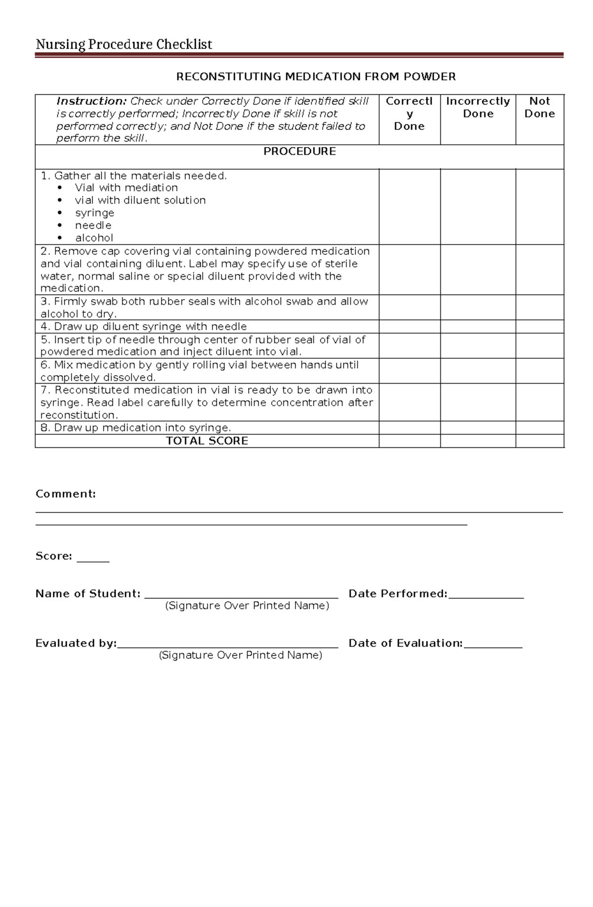 Reconstituting Medication FROM Powder Checklist 1 - Nursing Procedure ...