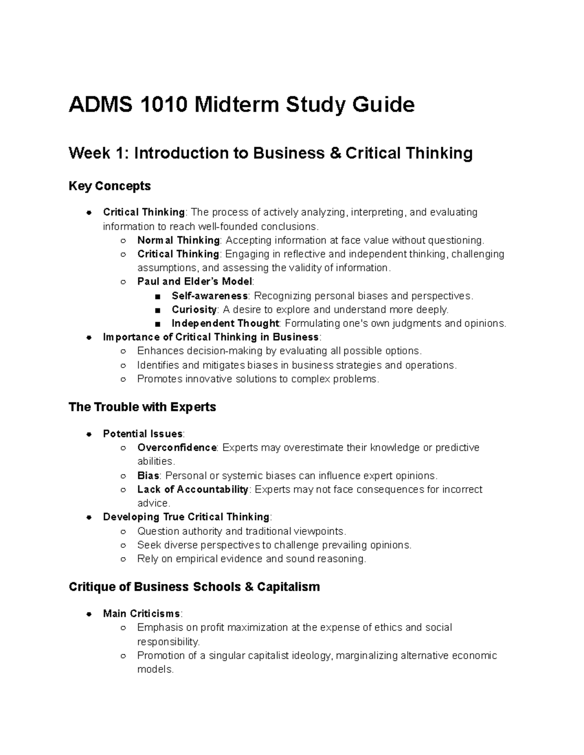 Untitled document - Midterm Review - ADMS 1010 Midterm Study Guide Week ...