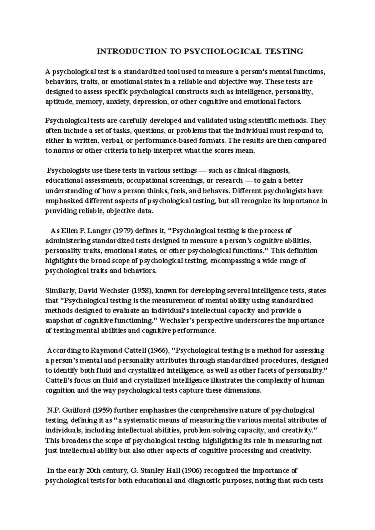 PSY 101: Introduction to Psychological Testing and Assessment - Studocu