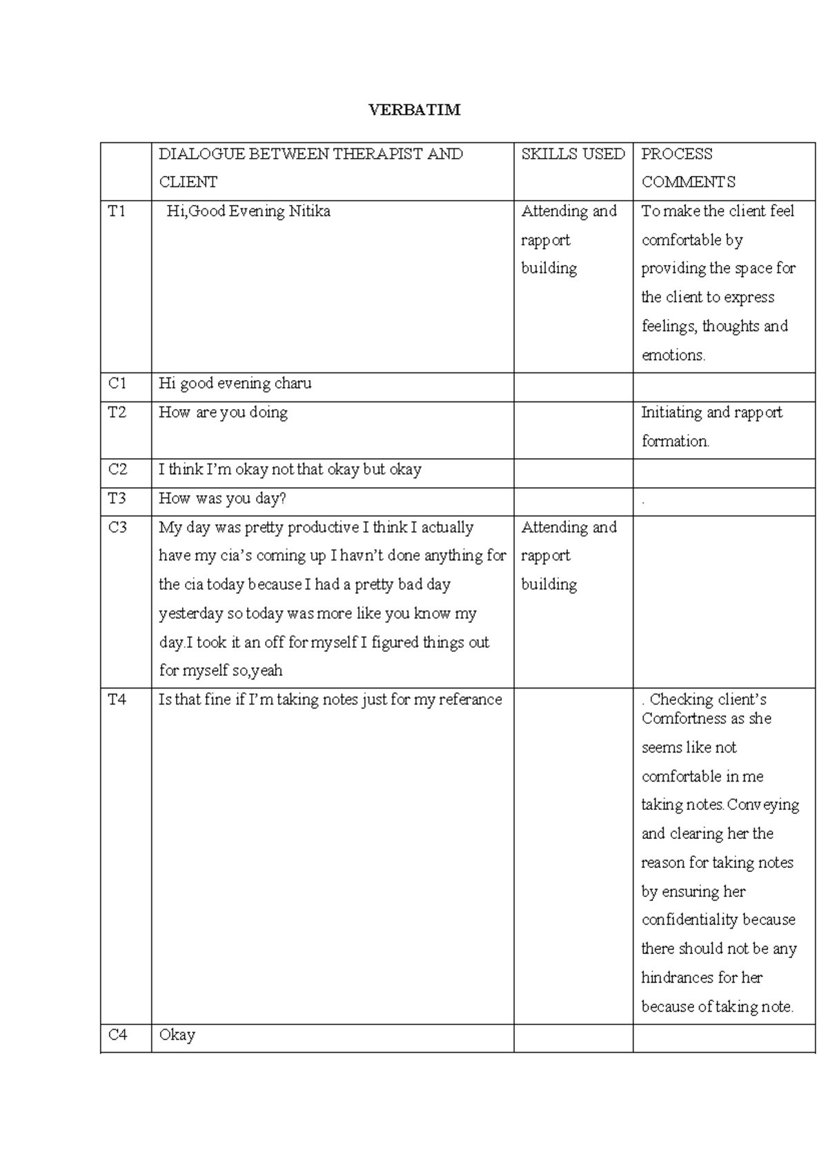 Verbatim 2 - note - VERBATIM DIALOGUE BETWEEN THERAPIST AND CLIENT ...