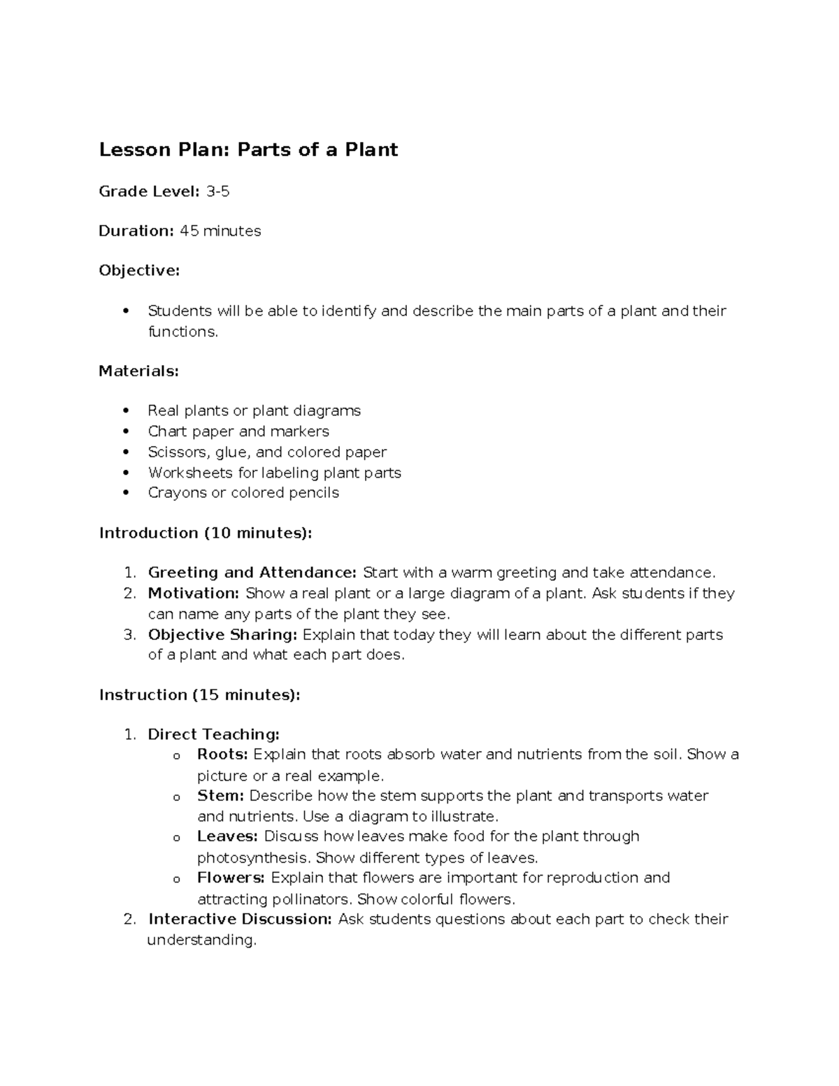 Copilot - lecture notes - Lesson Plan: Parts of a Plant Grade Level: 3 ...