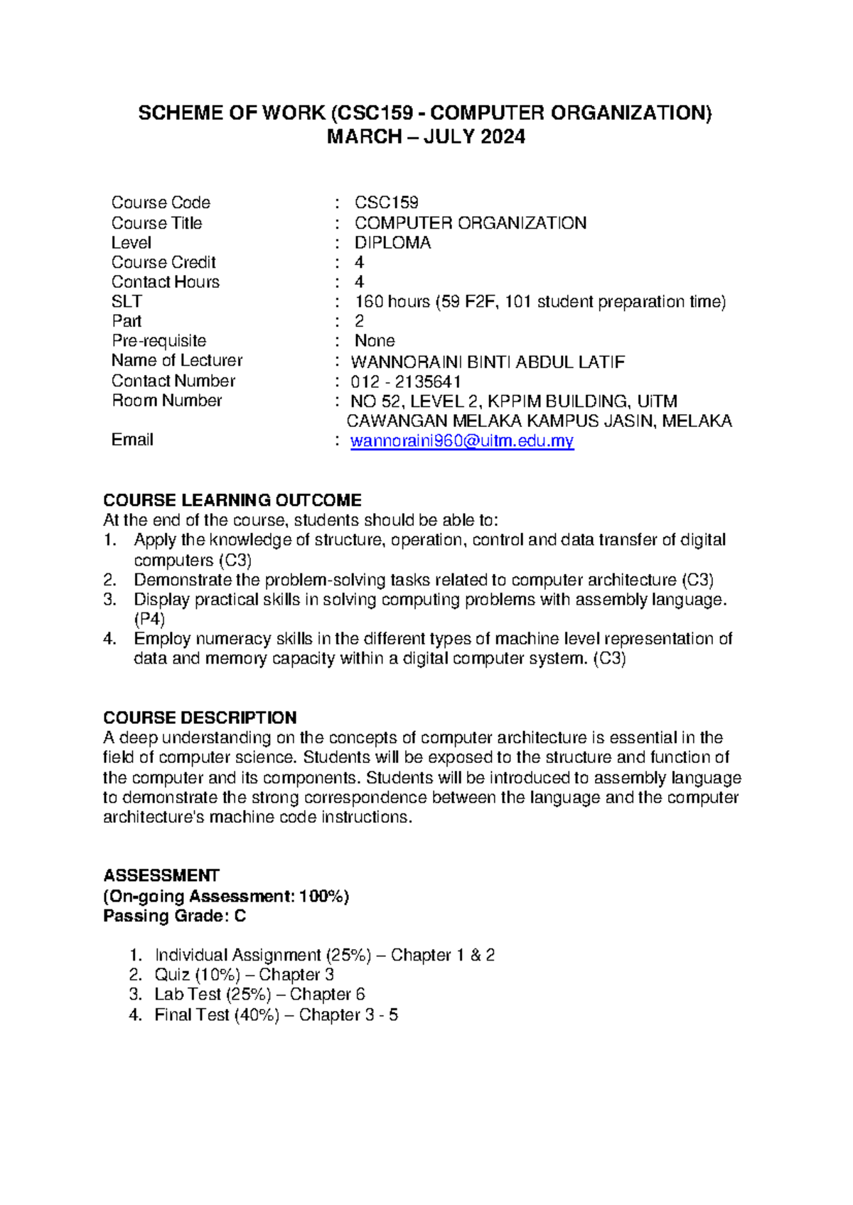 CSC159 Scheme of Work: Computer Organization (March - July 2024) - Studocu