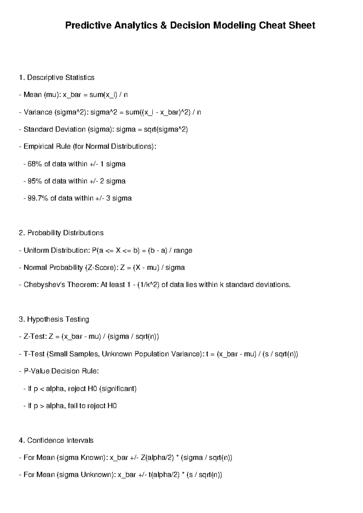 Predictive Analytics & Decision Modeling Cheat Sheet - Studocu