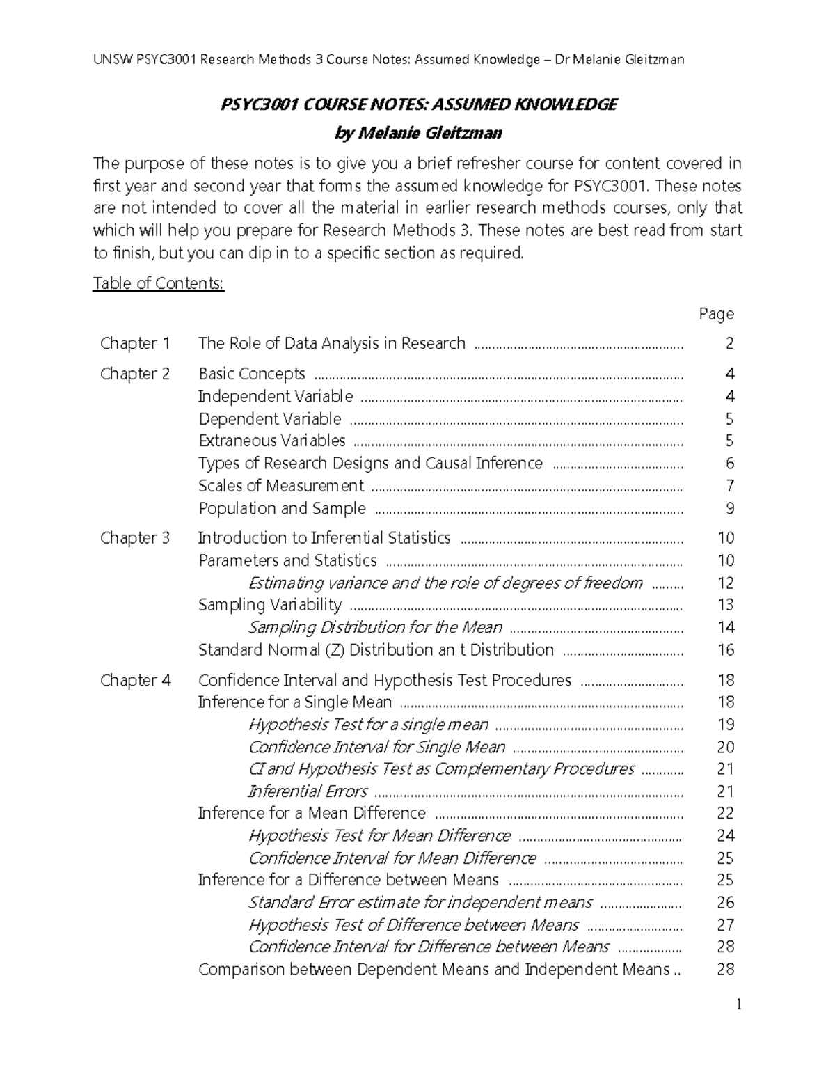 UNSW PSYC3001 Research Methods 3 Course Notes: Assumed Knowledge ...