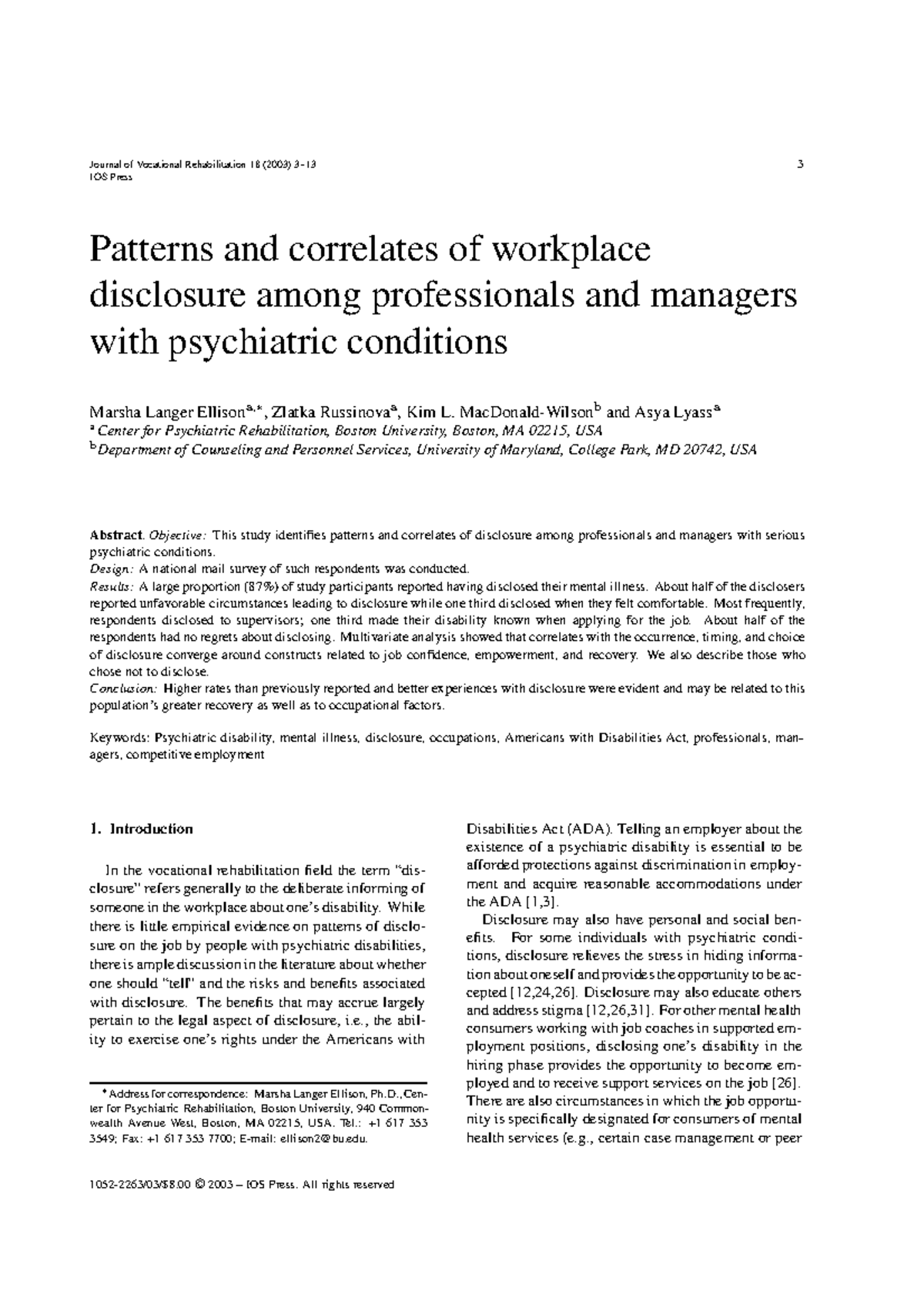Ellison 2003 - Patterns of Workplace Disclosure in Mental Health - Studocu