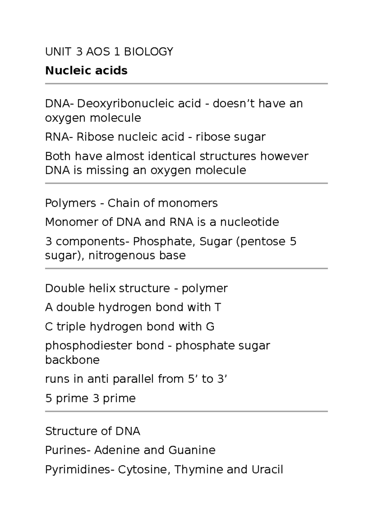 Bio AOS 1 Unit 3 - UNIT 3 AOS 1 BIOLOGY Nucleic acids DNA ...