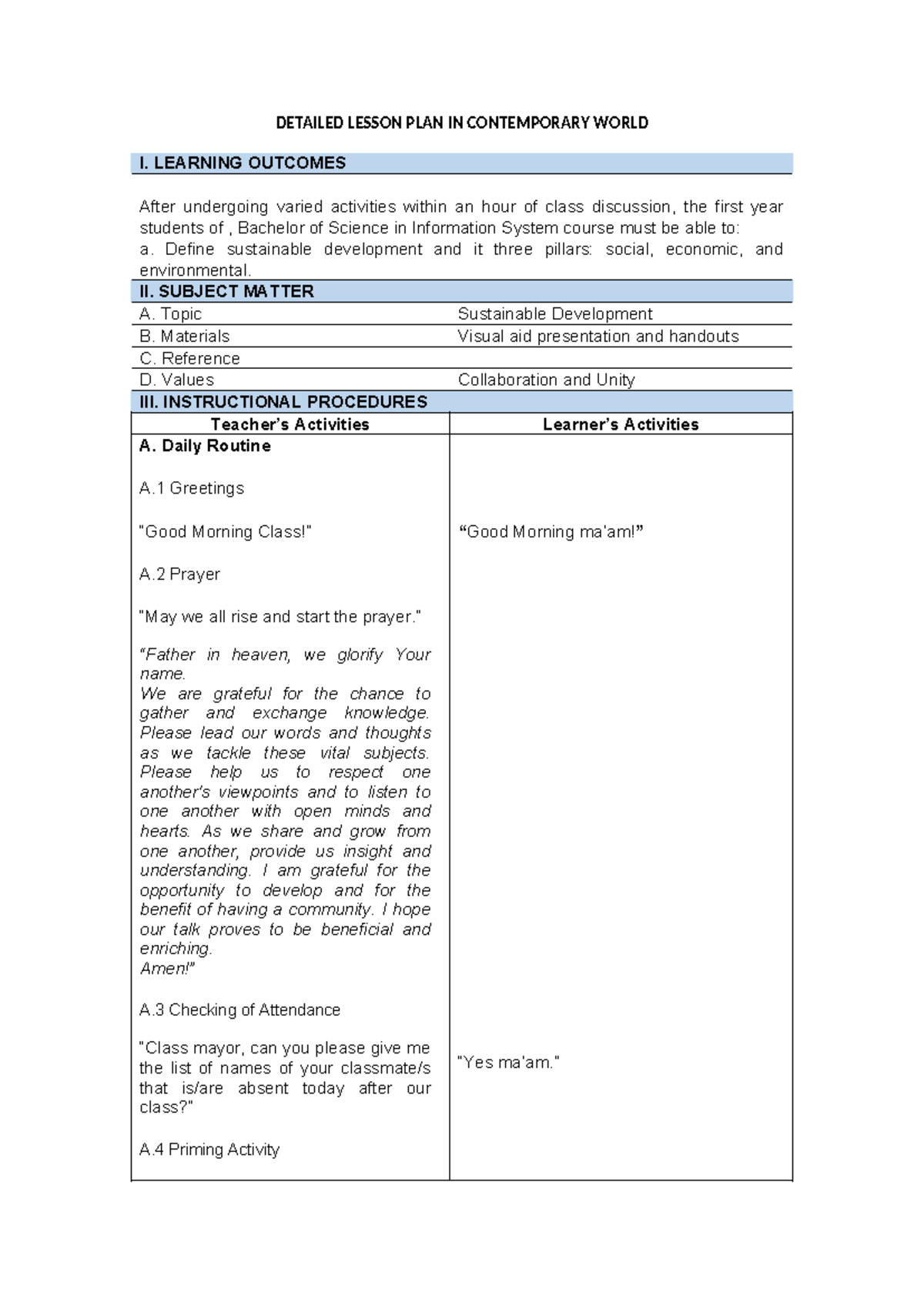 Detailed Lesson Plan on Sustainable Development (Contemporary World ...