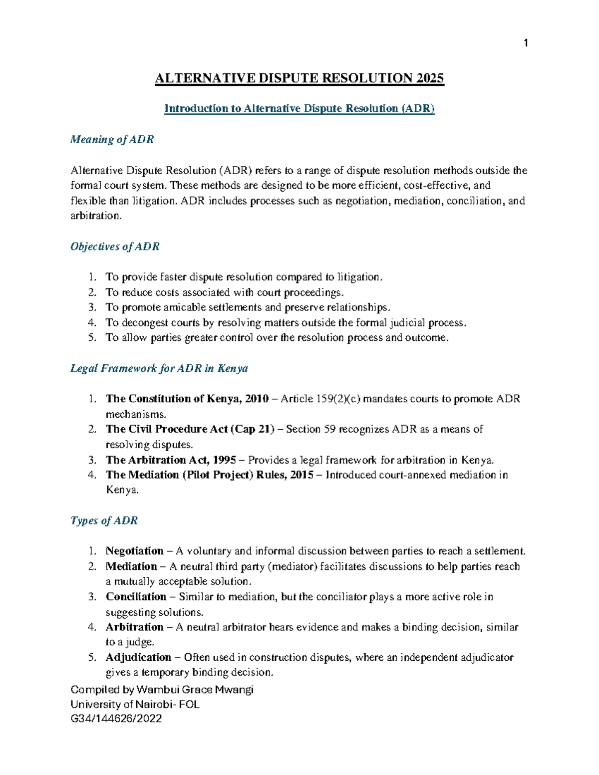 ADR Notes: Understanding Alternative Dispute Resolution (LAW 101) - Studocu