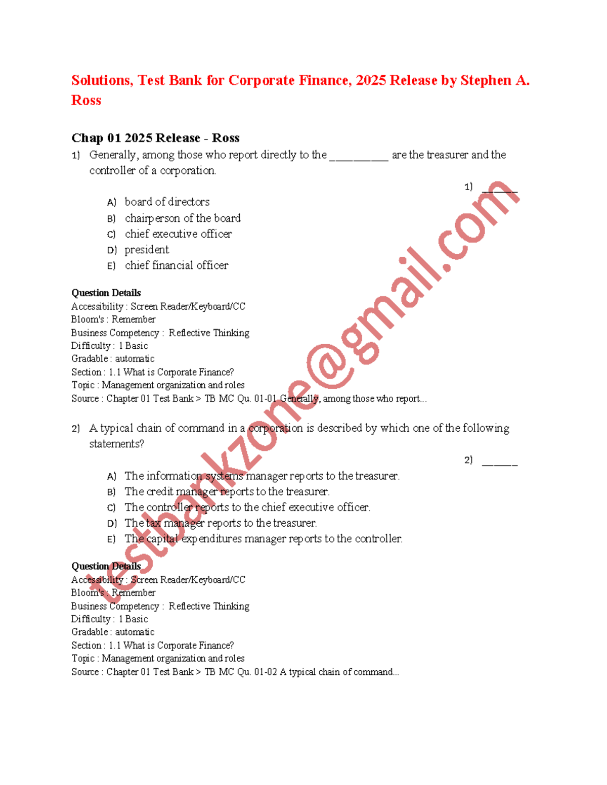 Corporate Finance Test Bank Solutions - Chap 01, 2025 Release - Studocu