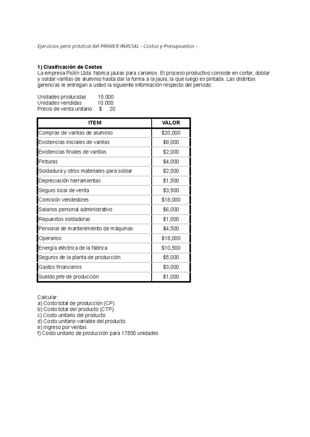 Ejercicios de Práctica para el Primer Parcial - Costos y Presupuestos ...