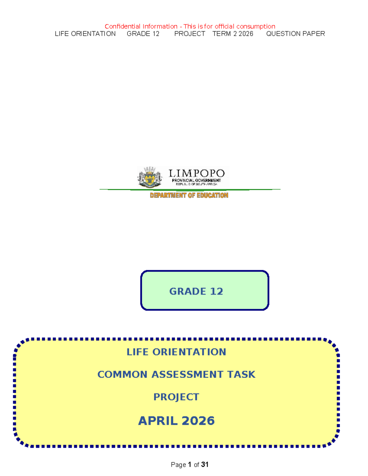 LIFE ORIENTATION GRADE 12 PROJECT TERM 2 2026 QUESTION PAPER - Studocu