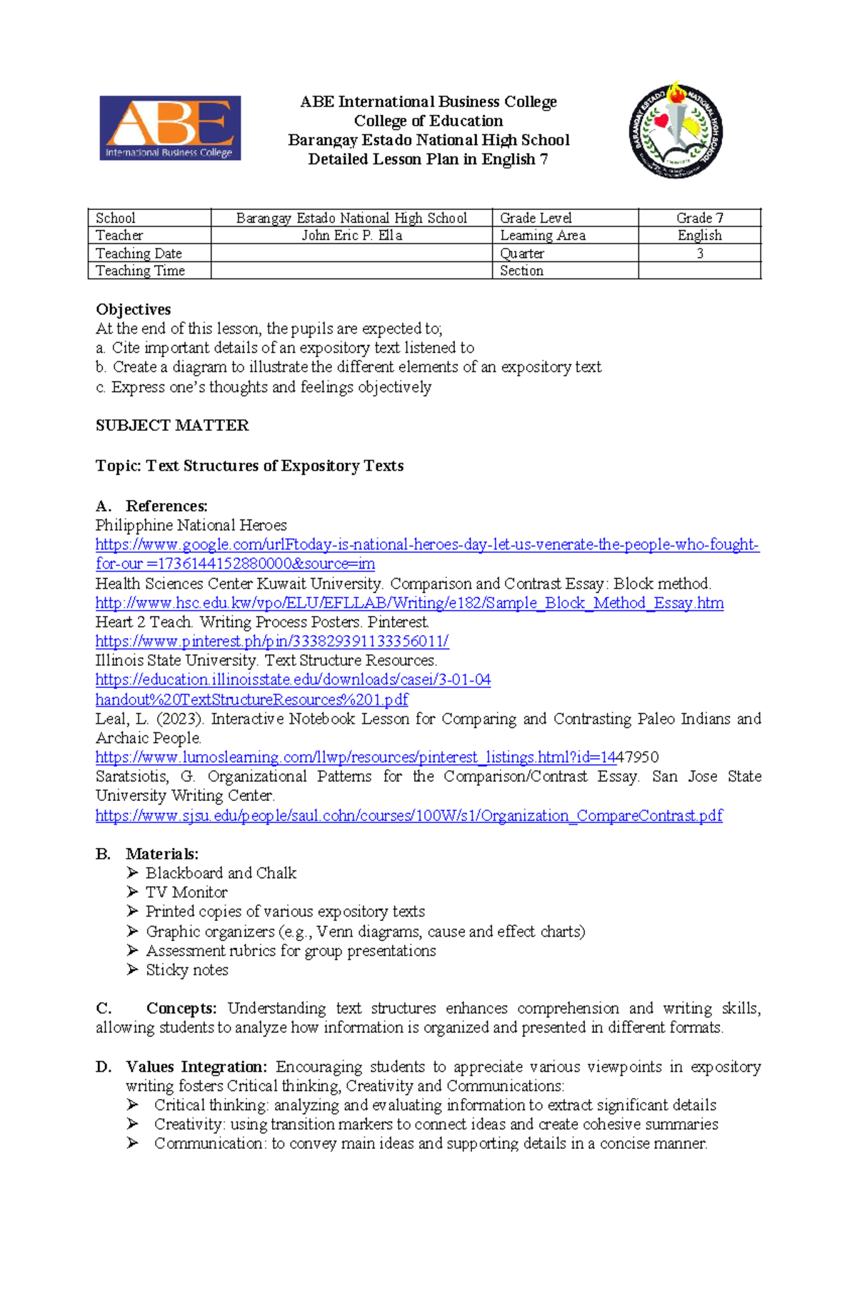 Detailed Lesson PLAN - ABE International Business College College of ...