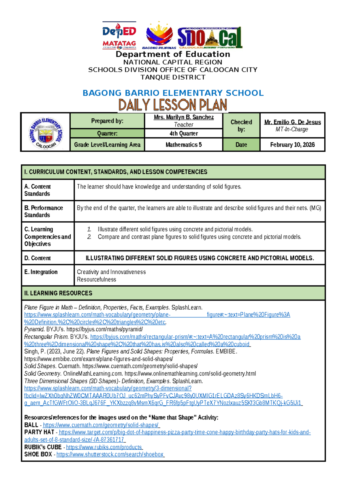 Mathematics Lesson Plan: Illustrating Solid Figures (Grade 5) - Studocu
