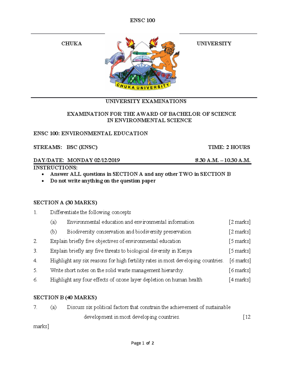 ENSC 100: Final Examination on Environmental Education Concepts - Studocu