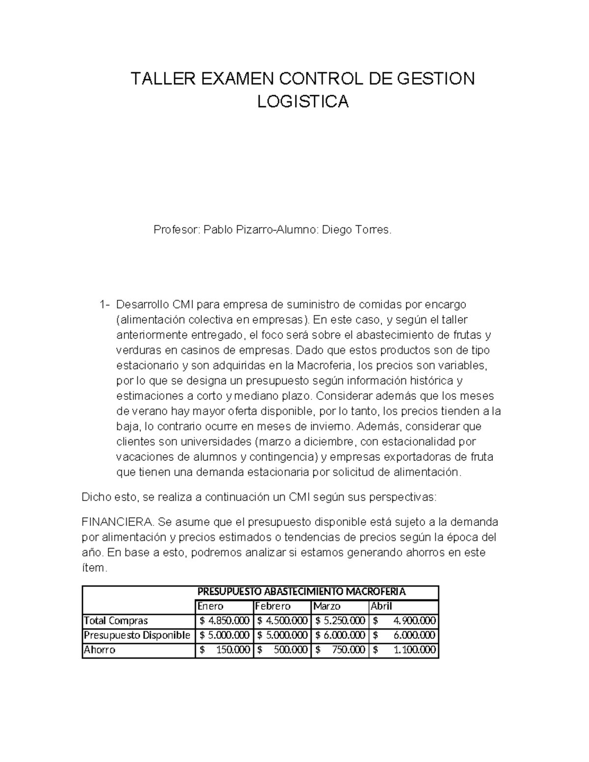 Examen Final CMI Control de Gestión Logística - TALLER 2023 - Studocu