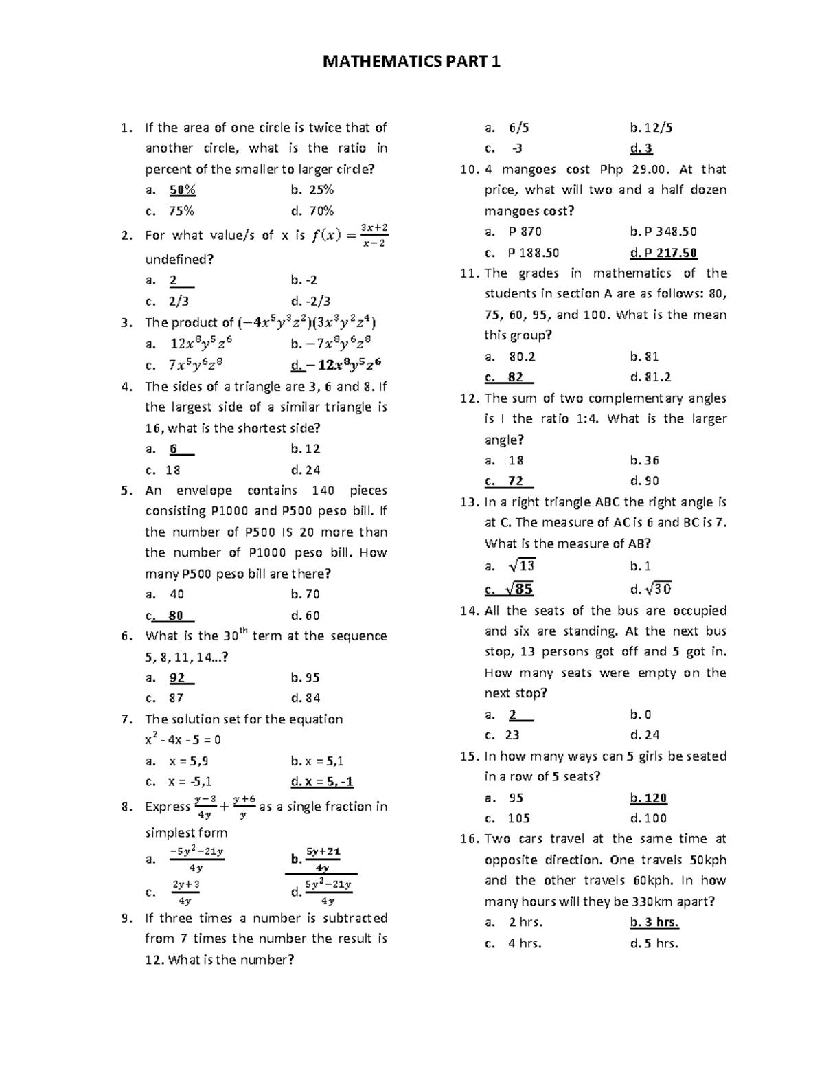 Mathematics Problems and Solutions for Exam Preparation - Studocu