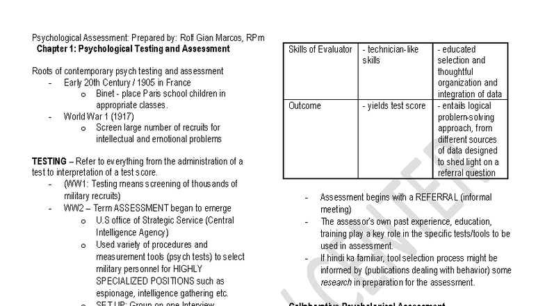 Psychological Assessment Overview: Chapter 1 Insights (PSY 101) - Studocu