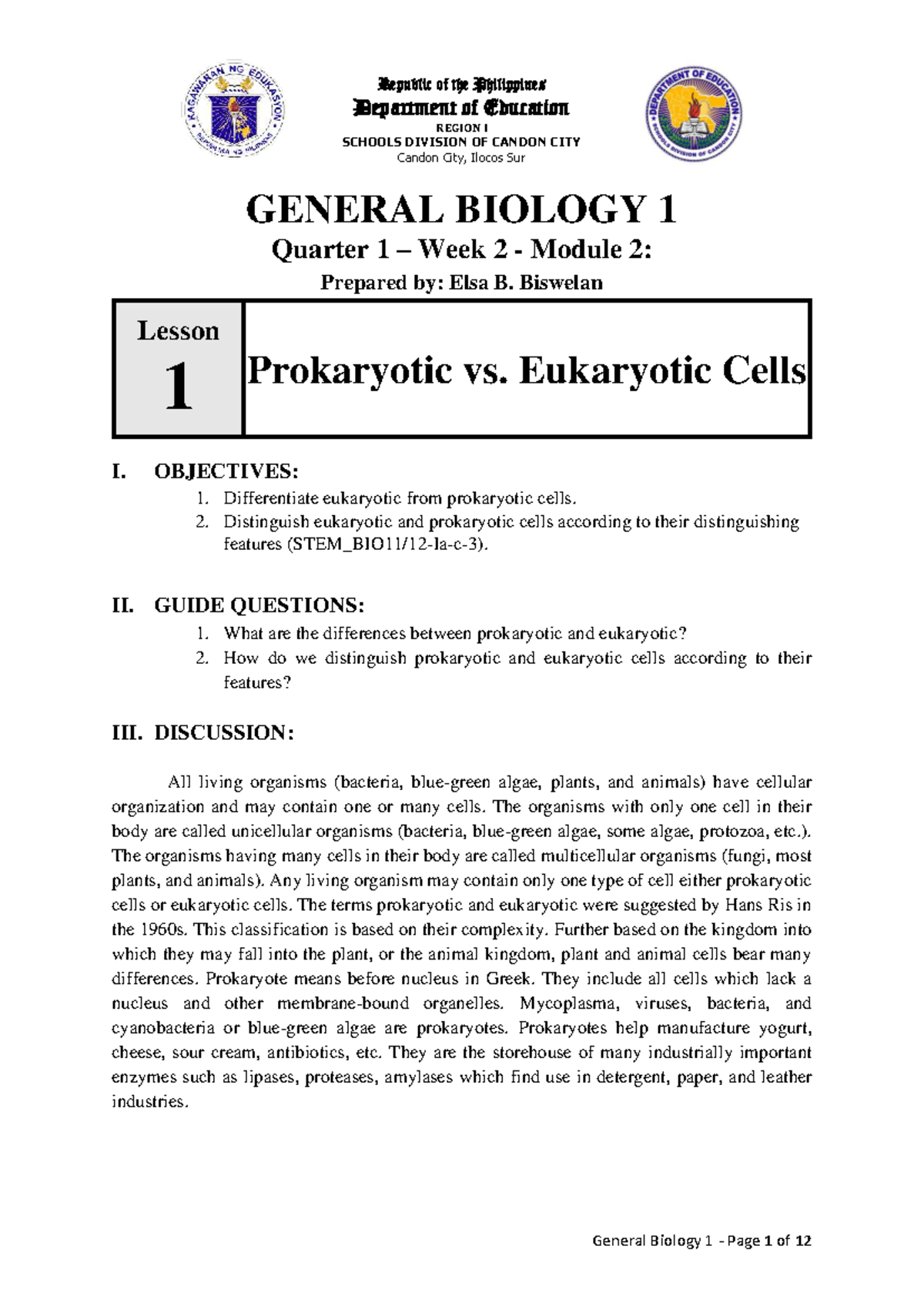 General Biology 1 Q1 W2 M2: Prokaryotic vs. Eukaryotic Cells - Studocu