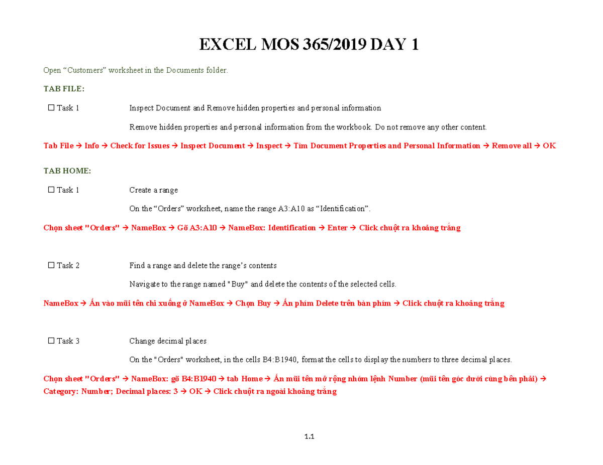 Các bước làm Excel Day 1 - EXCEL MOS 365/2019 DAY 1 Open “Customers ...