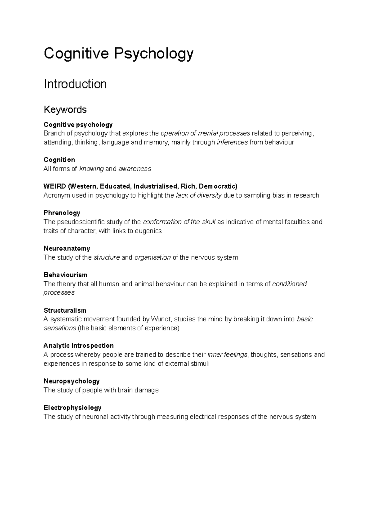 Lecture 1: Introduction - Cognitive Psychology Introduction Keywords ...