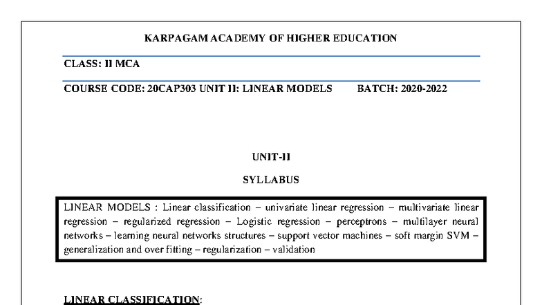 UNIT II: Linear Models Overview - 20CAP303 Notes - Studocu