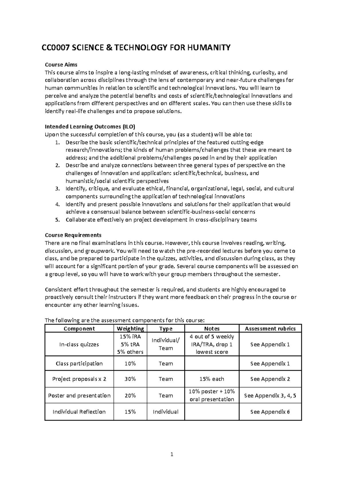 CC0007 Course Syllabus for Science & Technology AY23S1 (Updated) - Studocu