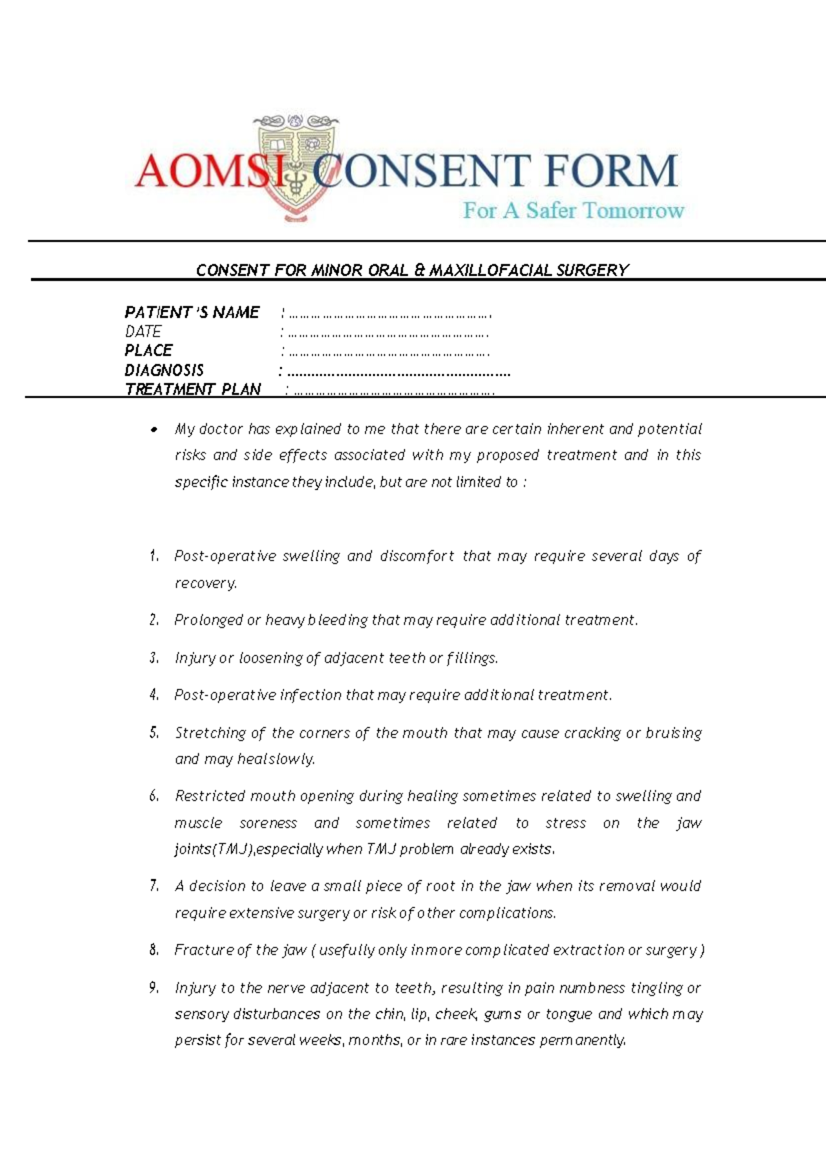 Consent for Minor Oral & Maxillofacial Surgery - Form 1AOMSI Final ...