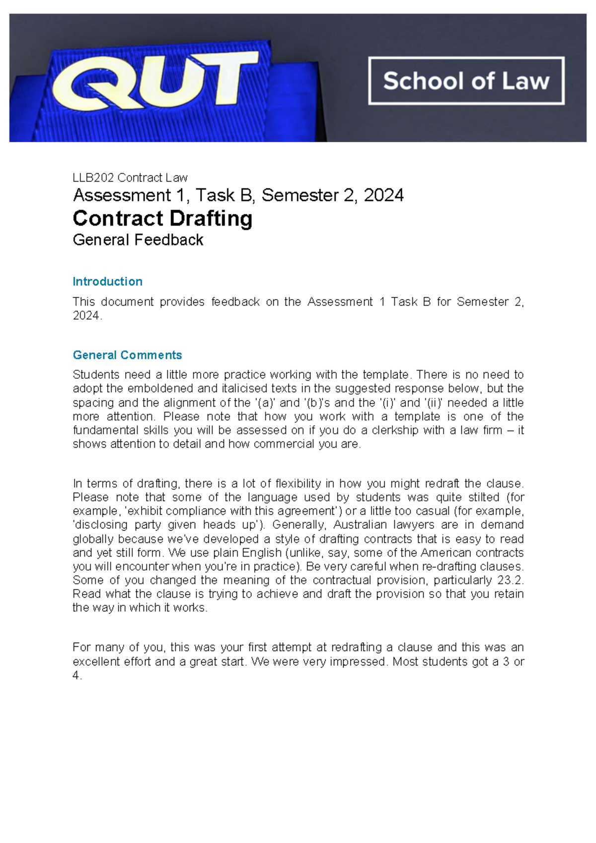 LLB202 Contract Law Assessment 1 Task B Feedback S2 2024 - Studocu