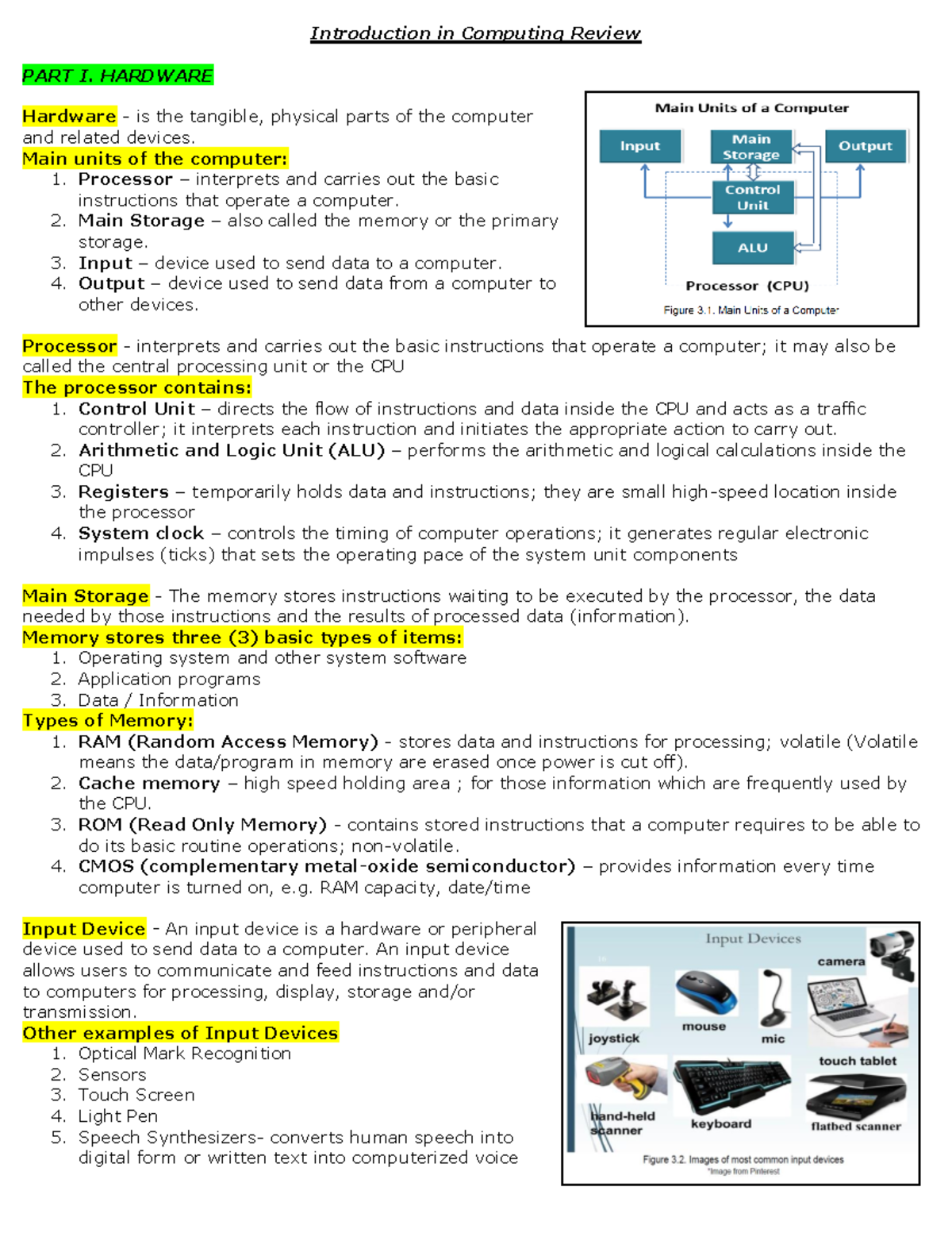 Introduction in Computing Review - HARDWARE Hardware - is the tangible ...