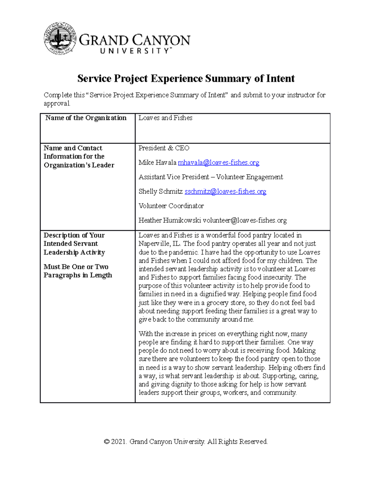 MGT-410-RS Service Project Experience: Loaves & Fishes Volunteer Intent ...