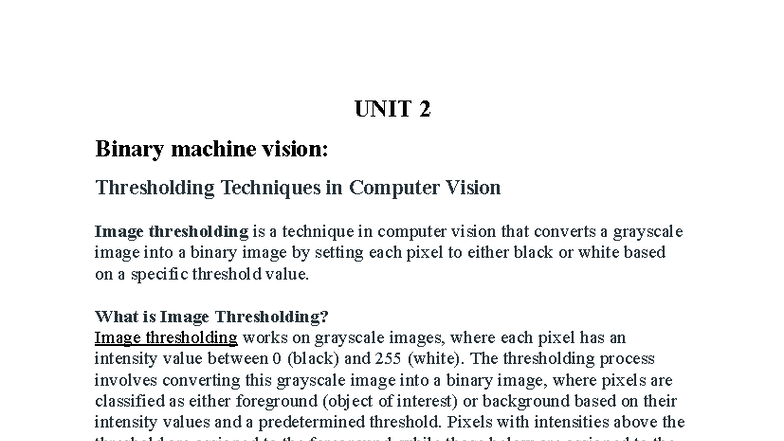 UNIT 2: Thresholding Techniques in Computer Vision for M.Sc. - Studocu