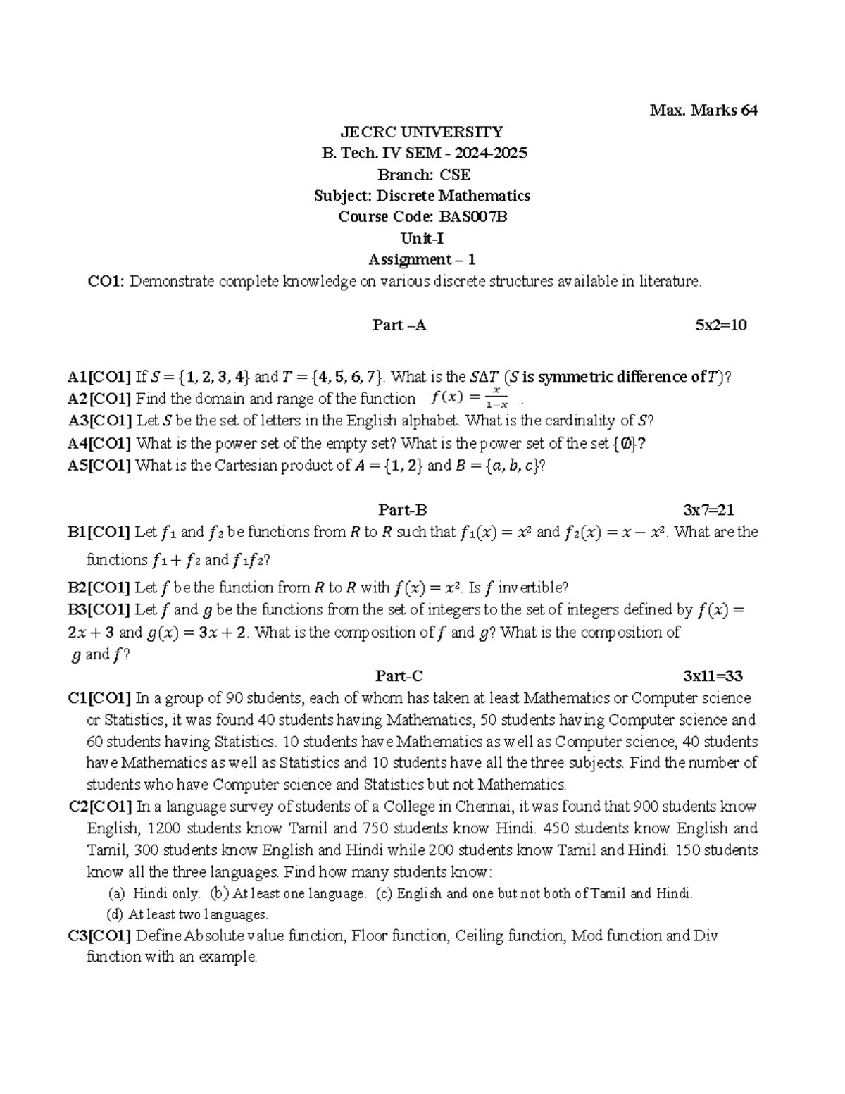 DM Assignment 1 - Discrete Mathematics BAS007B Analysis and Problems ...