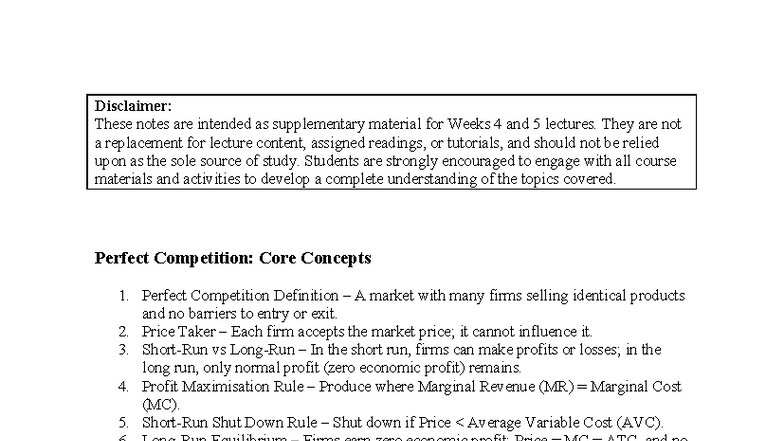 Core Concepts of Perfect Competition and Monopoly (ECO101) - Studocu