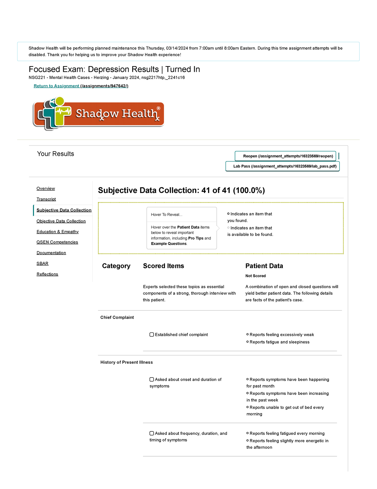 Shadow health depression   Focused Exam Depression Results ...