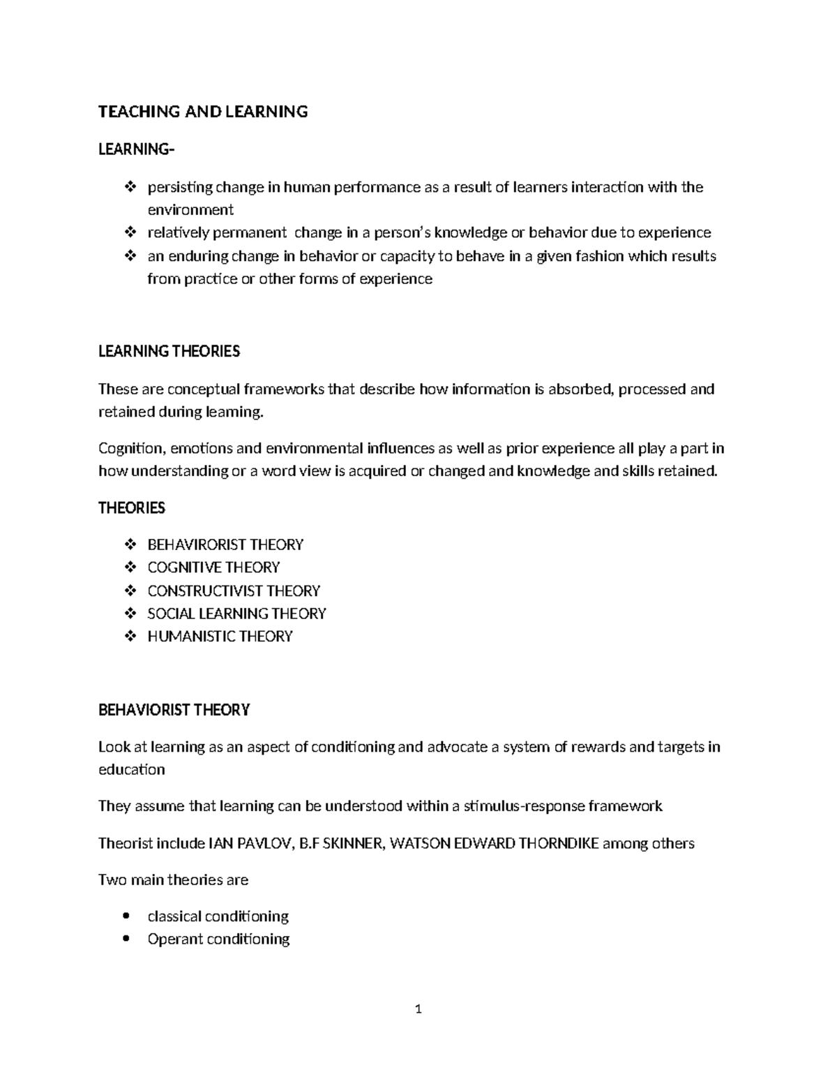 Teaching and Learning Notes (EDU101): Theories and Implications - Studocu