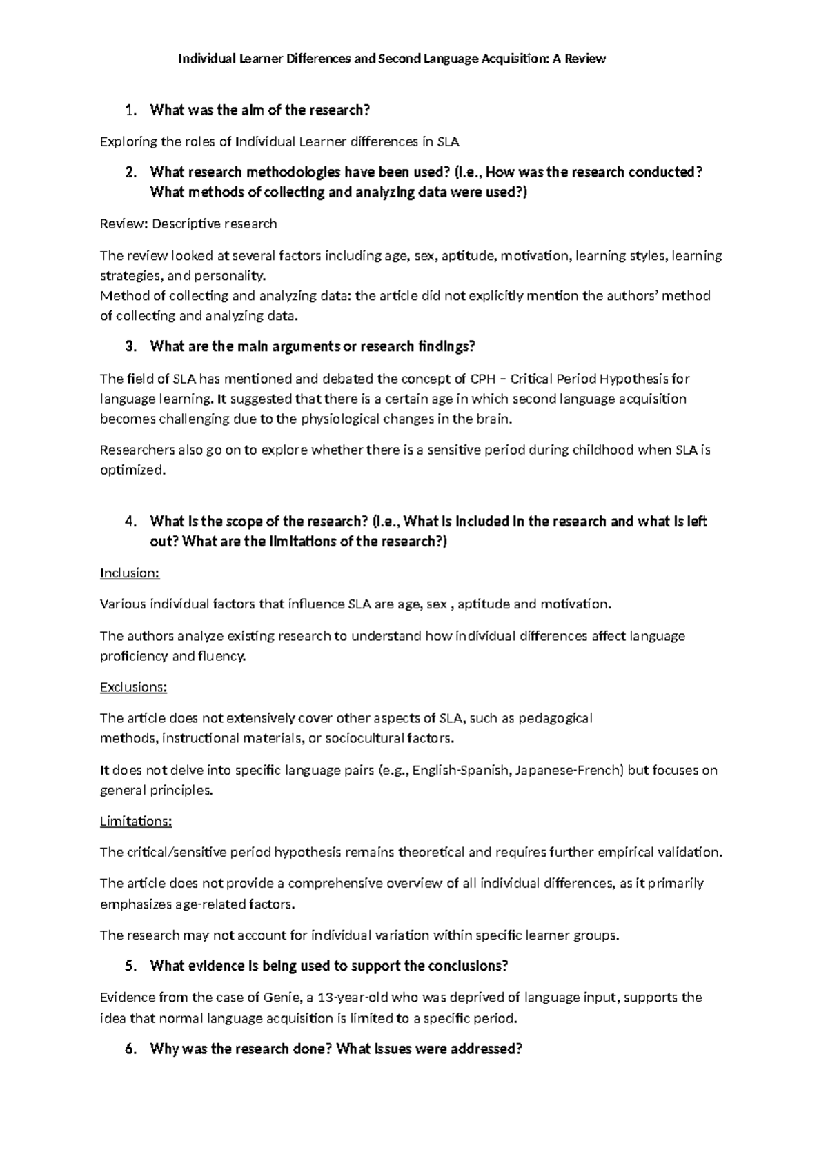 Individual Learner Differences and Second Language Acquisition A Review ...