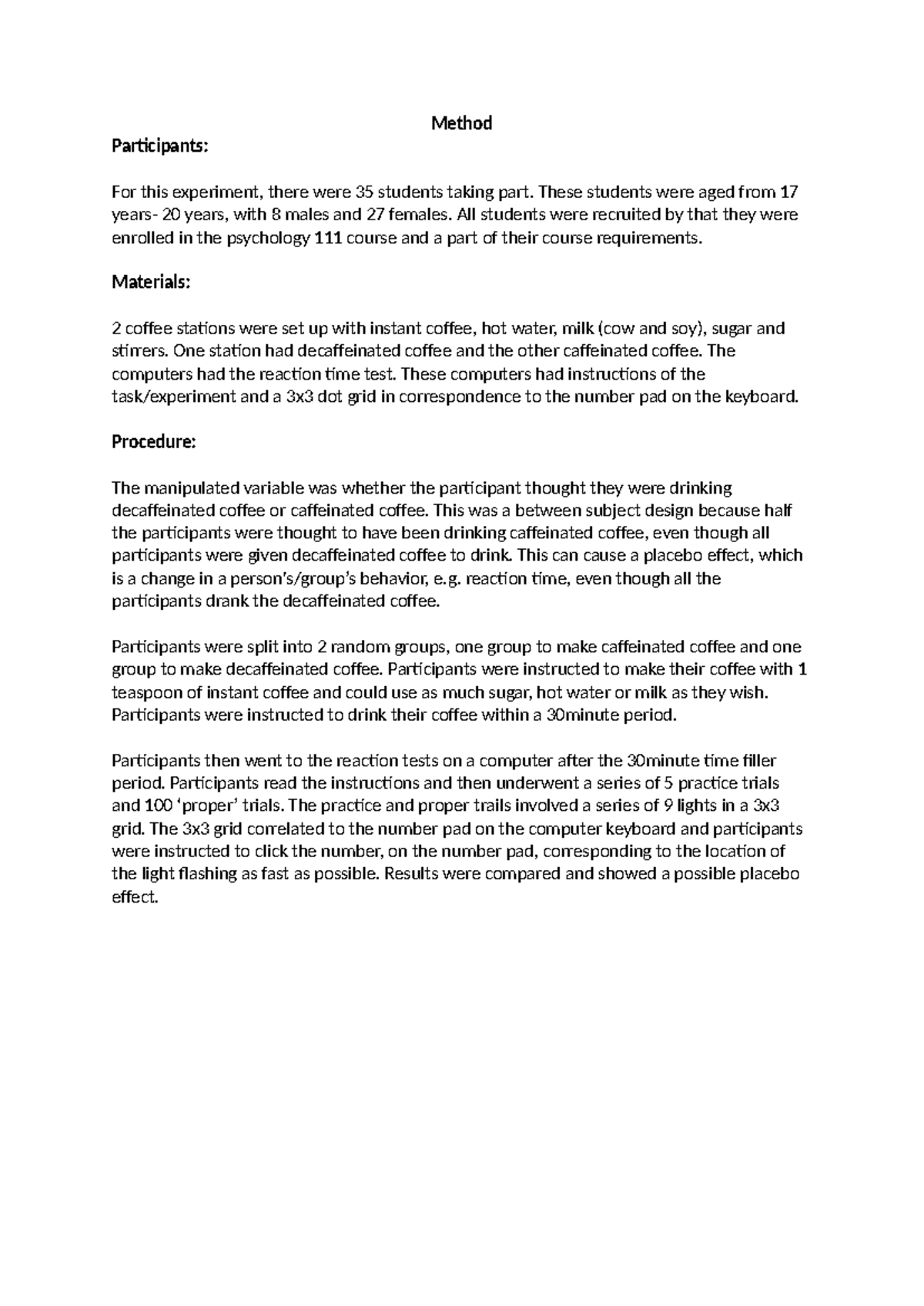 Psych 111 Lab 1: Caffeine Experiment Methodology and Procedure - Studocu