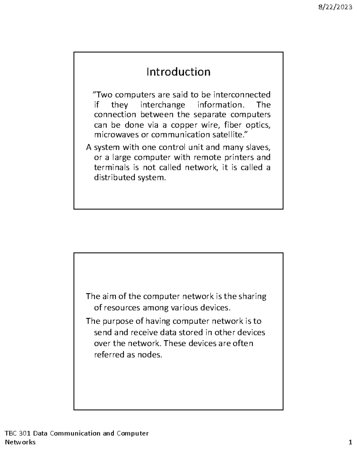 Notes - TBC 301 Data Communication and Computer Introduction “Two ...