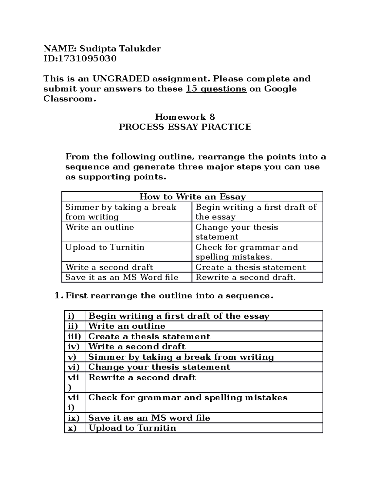 Homework 8 - Process Essay Writing Steps Practice - Studocu