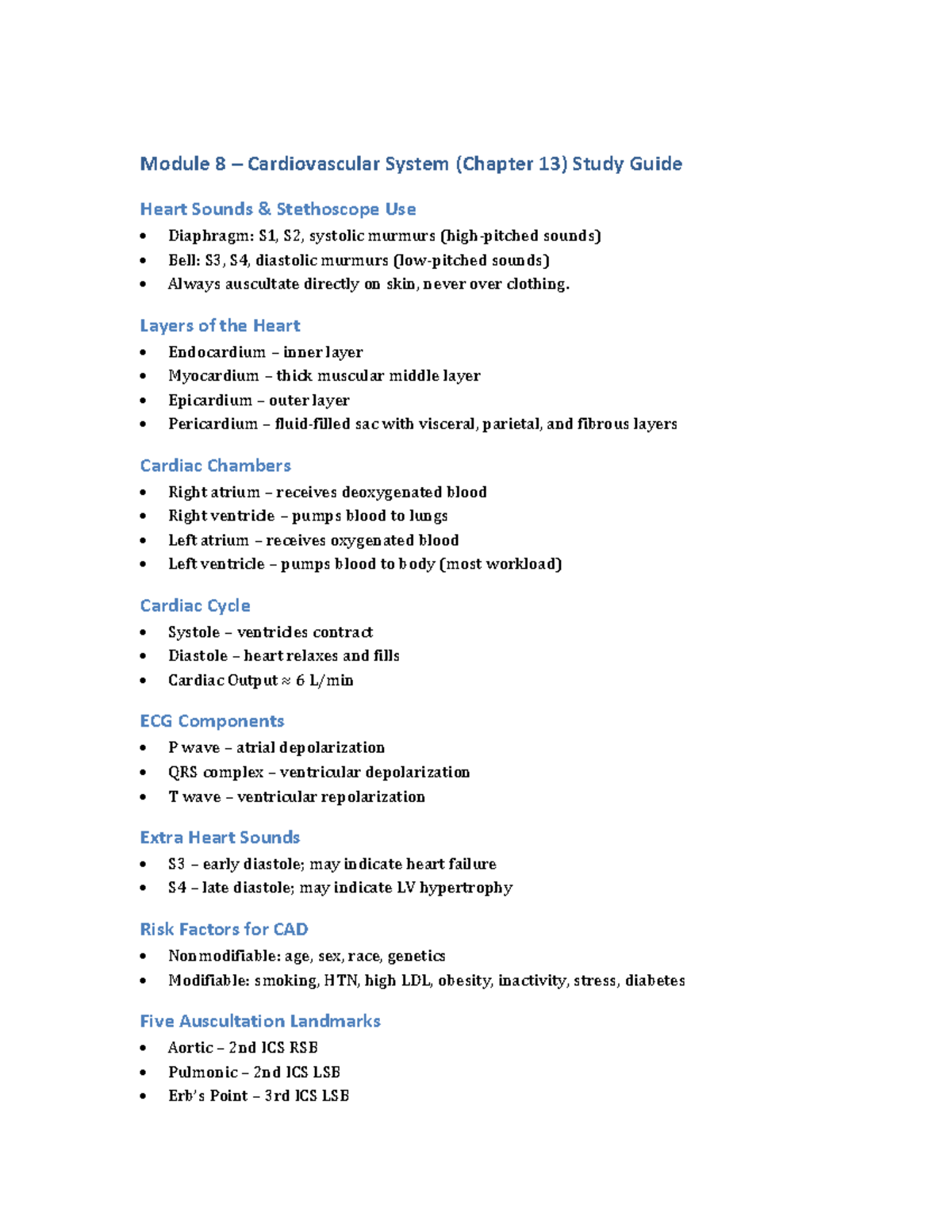 Module 8 Cardiovascular System Study Guide: Heart Sounds & Auscultation ...