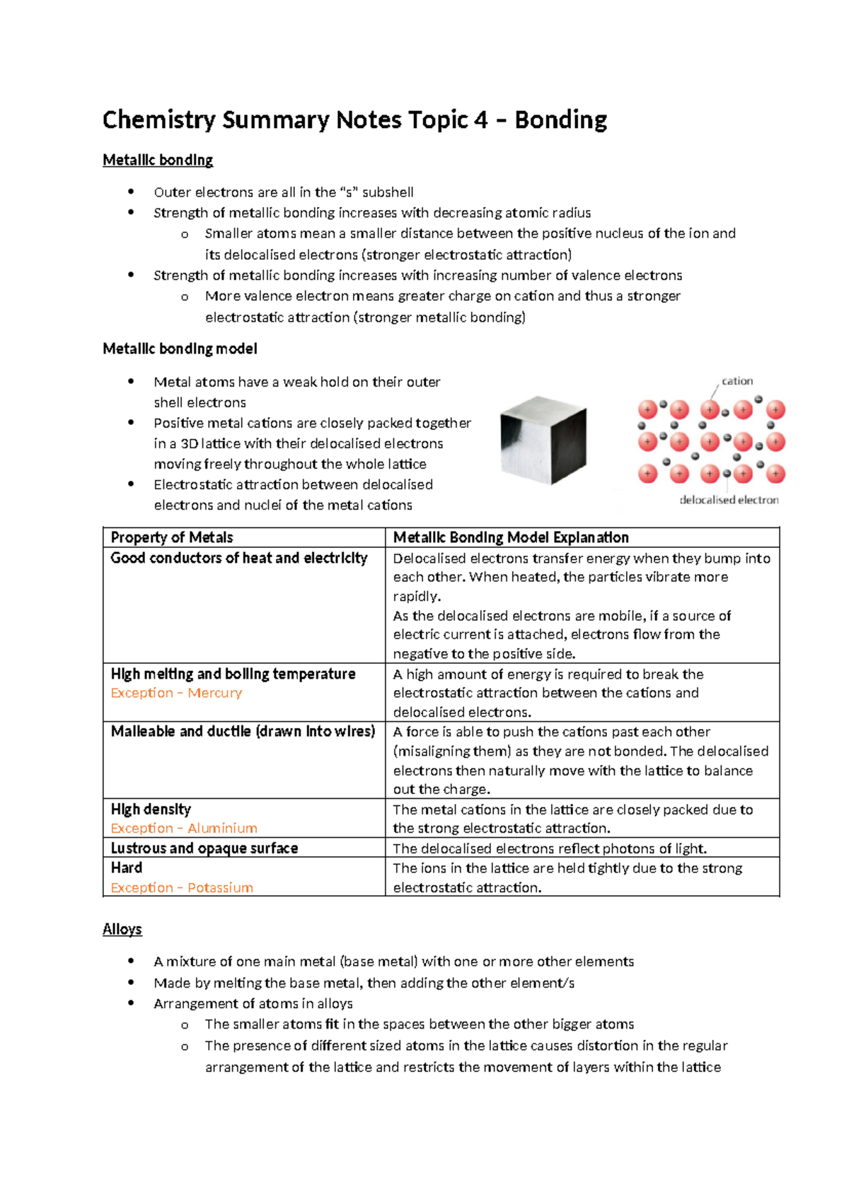 Chemistry Summary Notes: Topic 4 - Bonding (Metallic, Ionic, Covalent ...