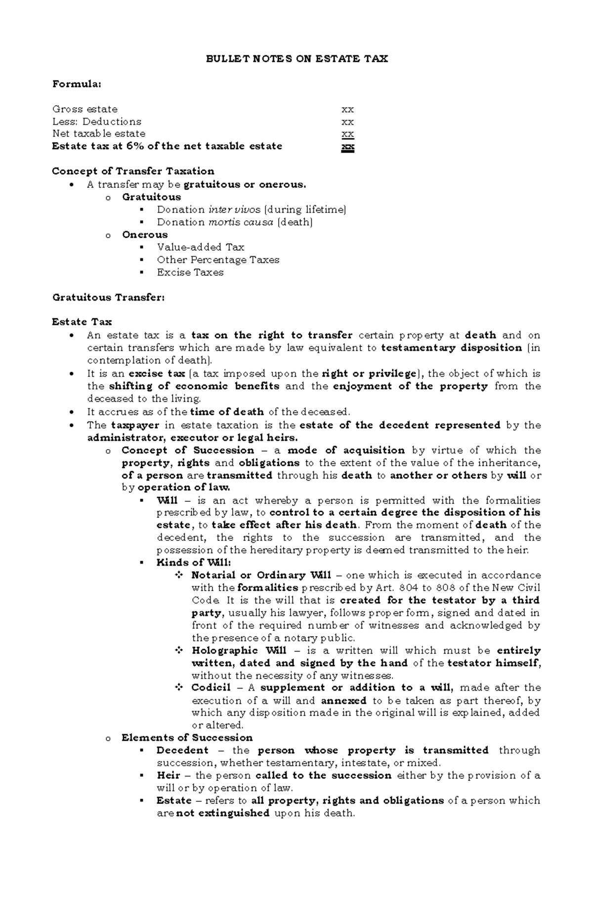 Bullet Notes 6: Key Concepts of Estate Tax and Transfer Taxation - Studocu