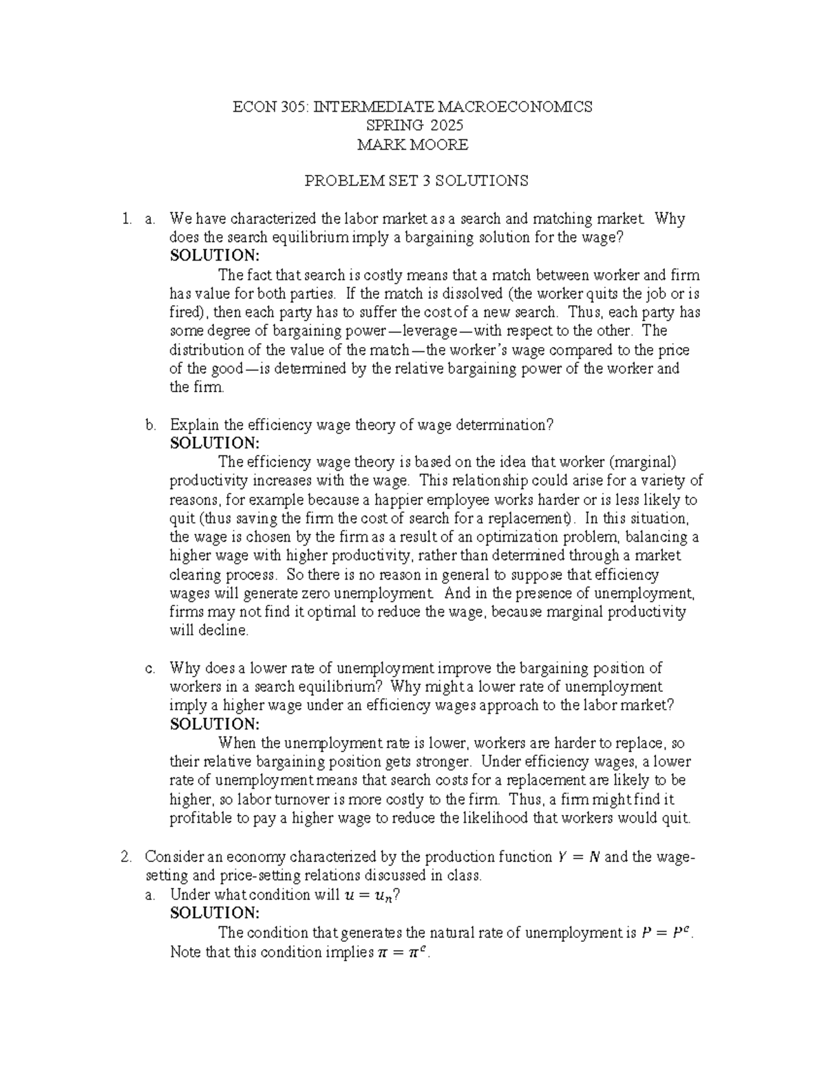 Problem Set 4 Solutions: ECON 305 Intermediate Macroeconomics - Spring ...
