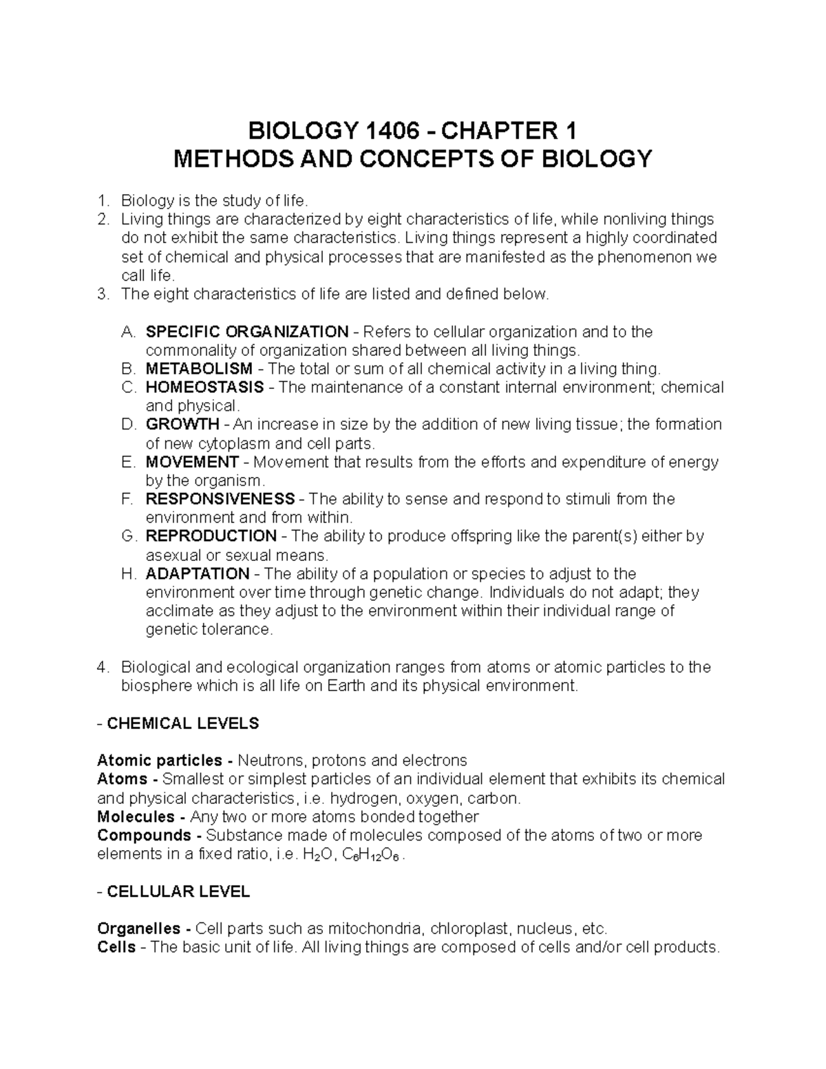 Biology 1406 Exam 1 Comprehensive Study Guide - Studocu
