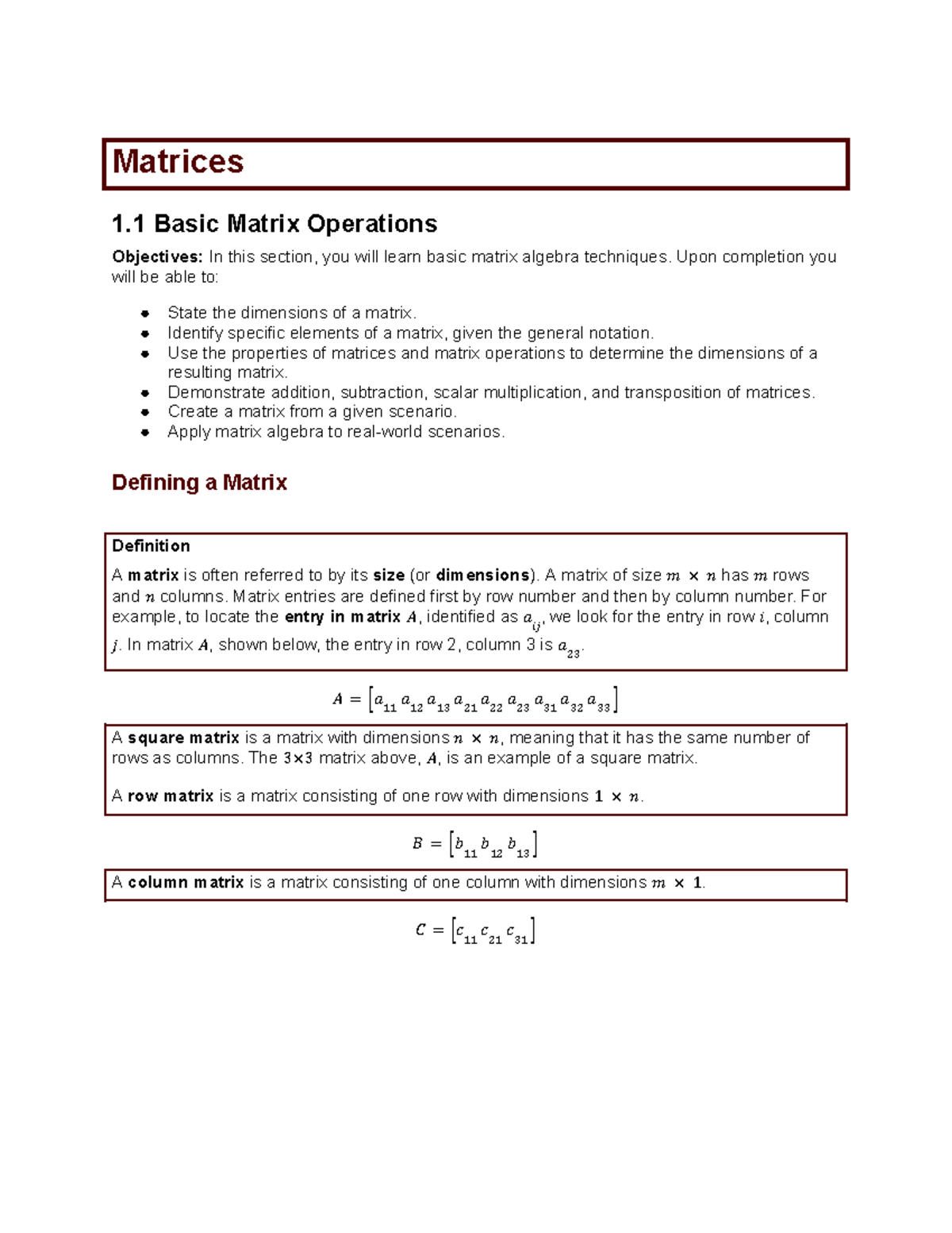 Matrix Operations: Basic Concepts & Applications (Math 140) - Studocu