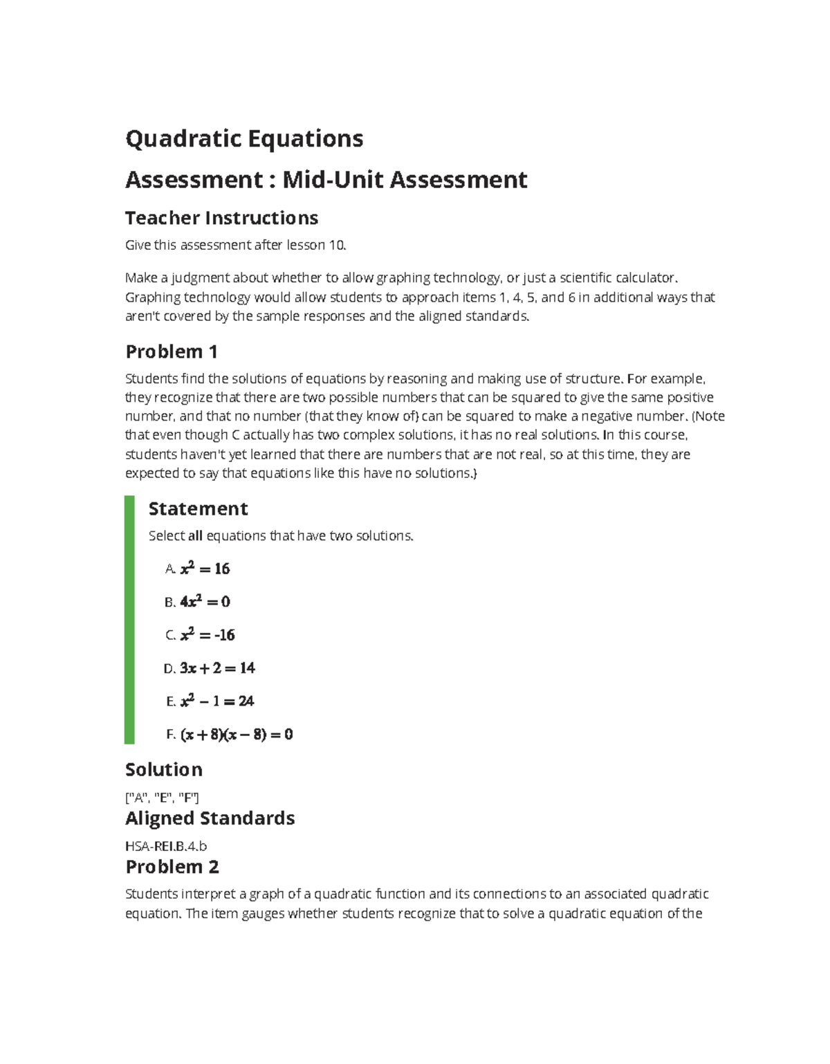 Quadratic Equations Assessment (Algebra MP 4) - Teacher Instructions ...