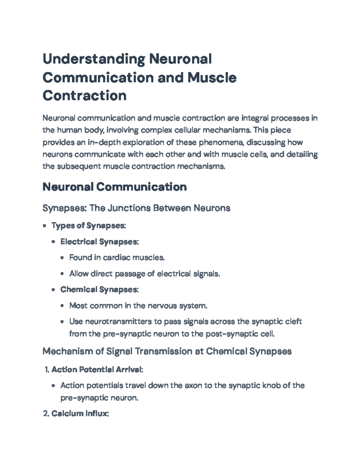 Neuronal Communication and Muscle Contraction Mechanisms Overview ...