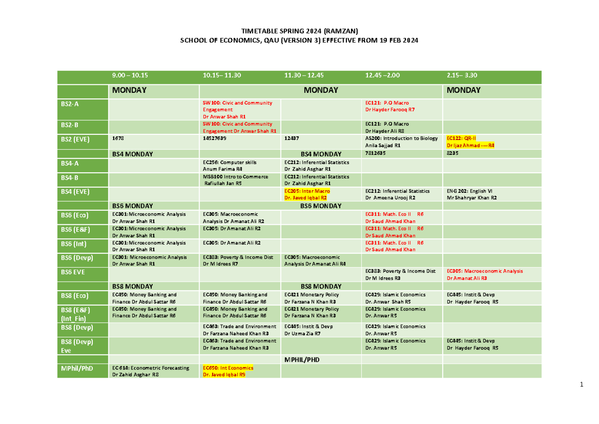 Spring 2024 Timetable - School of Economics, QAU (Version 3) - Studocu